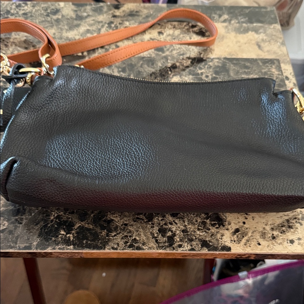 Valentina Black Leather Crossbody with Tan Strap